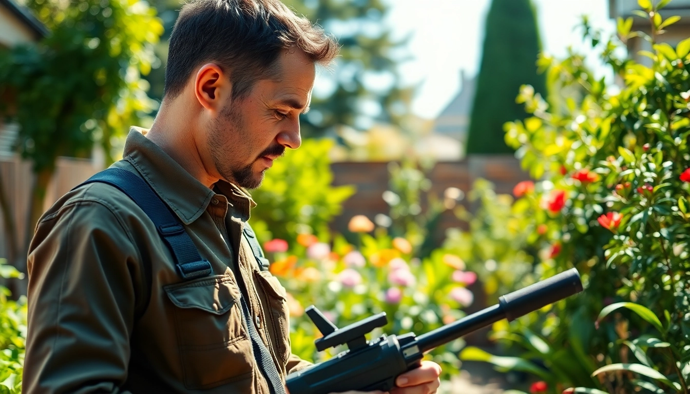 Local bug removal experts assessing a home garden for pest problems using professional techniques.
