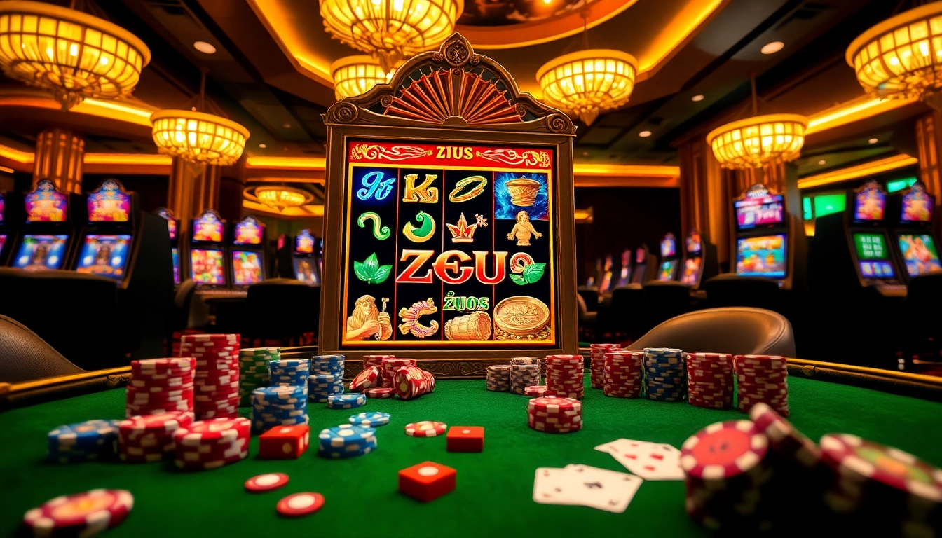 Putar mesin slot Zeus yang berwarna-warni dengan petir dan simbol kemenangan di tengah suasana kasino mewah.