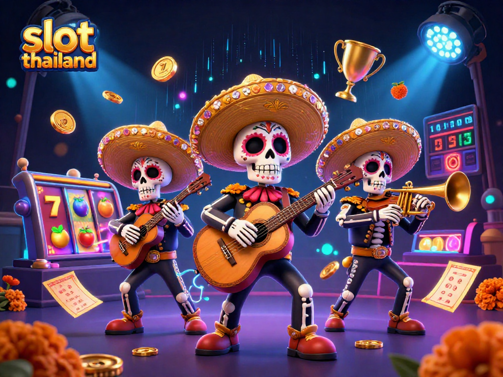 Experience the excitement of slot thailand with vibrant Day of the Dead mariachi band amidst slot reels and golden elements.