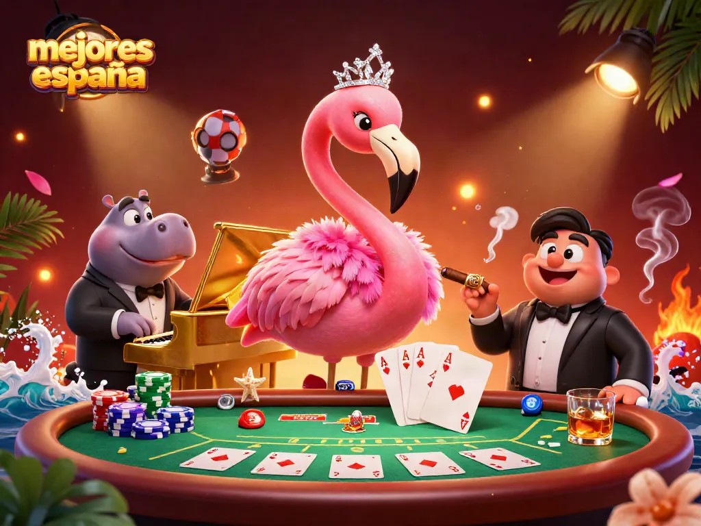 Ilustra los mejores casinos España con un flamenco cantante y un hipopótamo en un entorno vibrante.