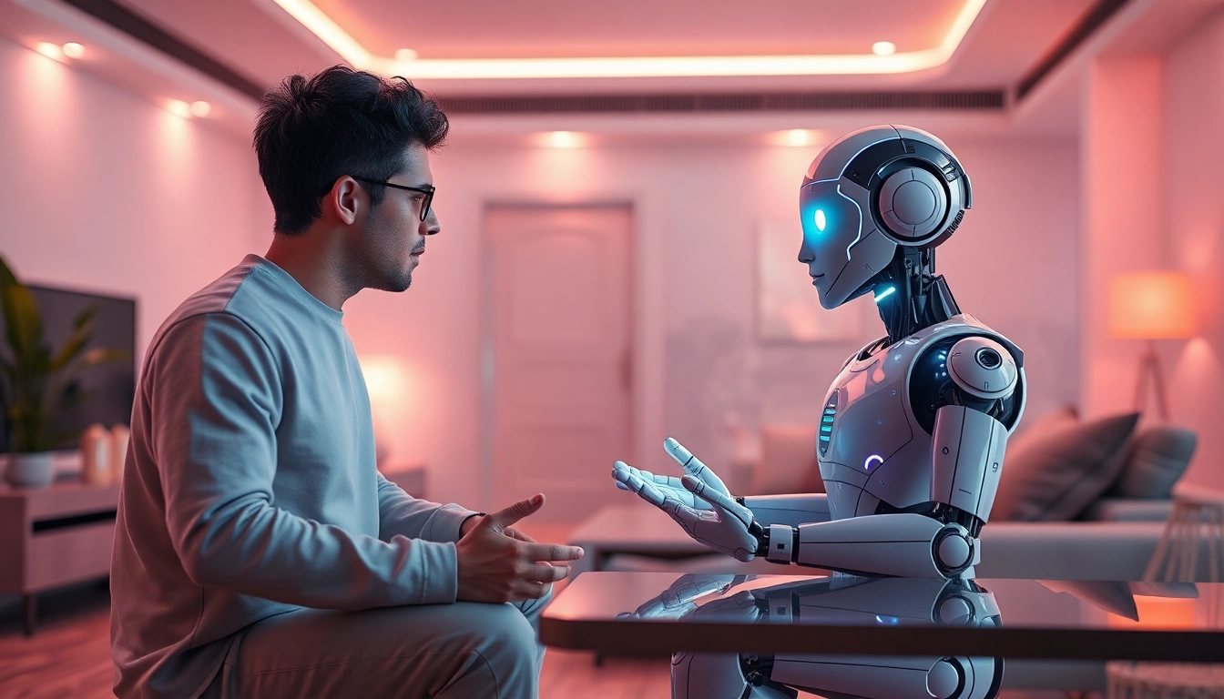 Engaging interaction with an AI sex bot in a modern, inviting living space.