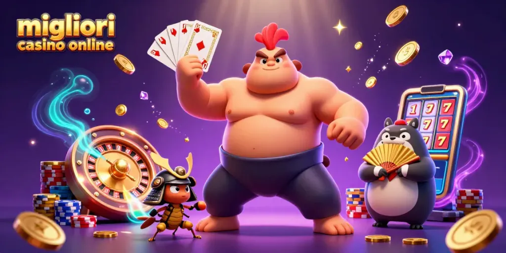Scopri i migliori casino online mentre i personaggi animati celebrano con gettoni e ruote della fortuna.