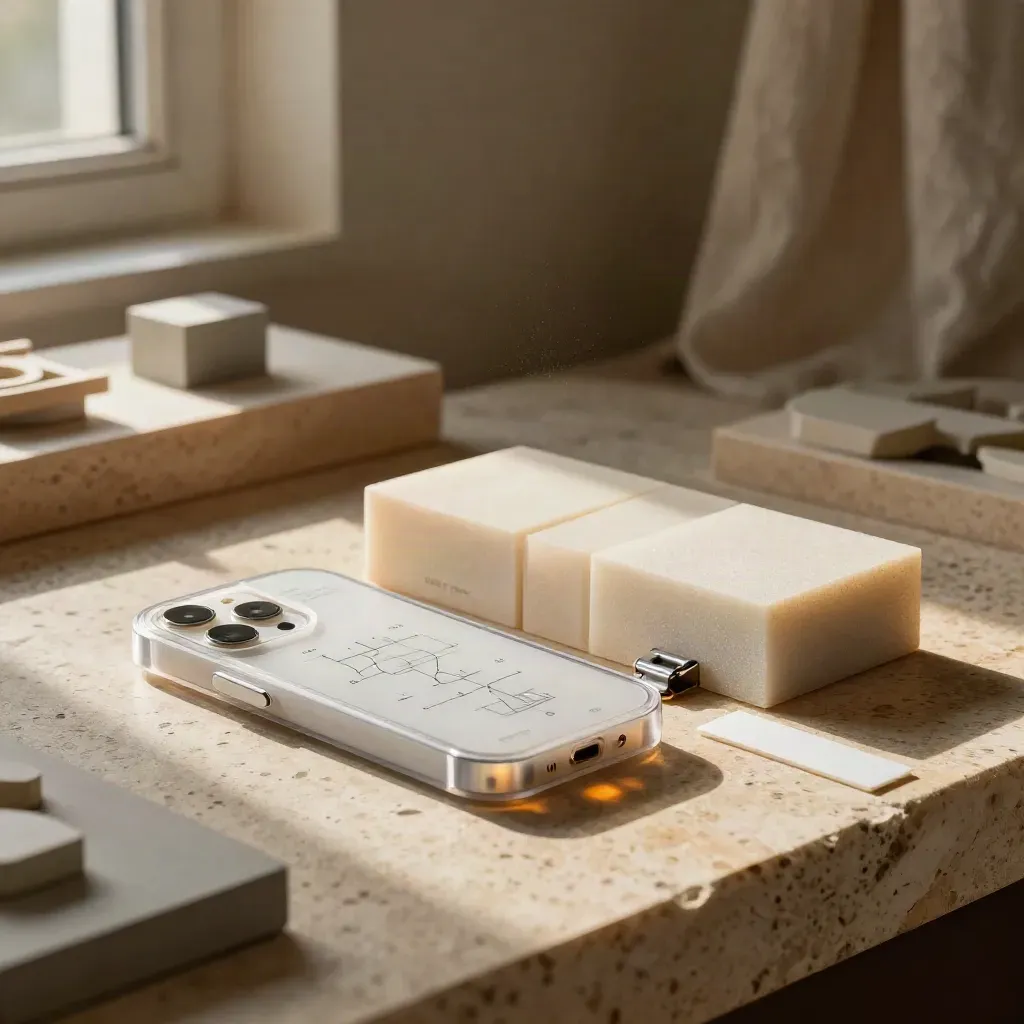 Clear explainer-video setup on warm stone with foam risers and modular blocks in soft amber light.