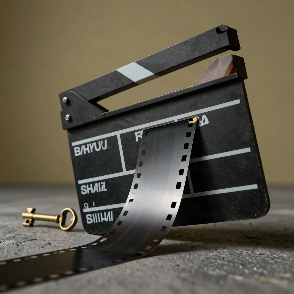 Extreme macro of film leader strips, brass spacers and a slate panel in dramatic low light.