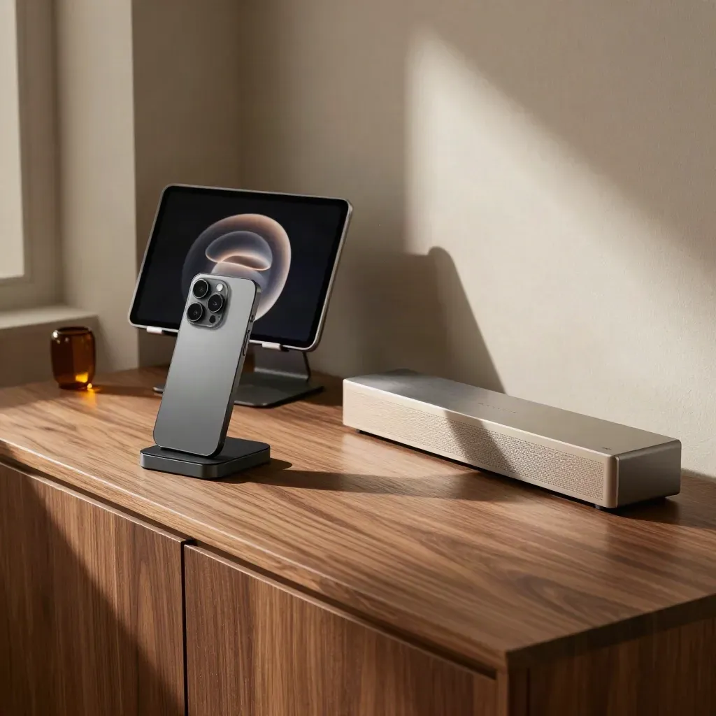 Polished app demo corner with phone pedestal, tablet stand, and compact audio bar in warm window light.