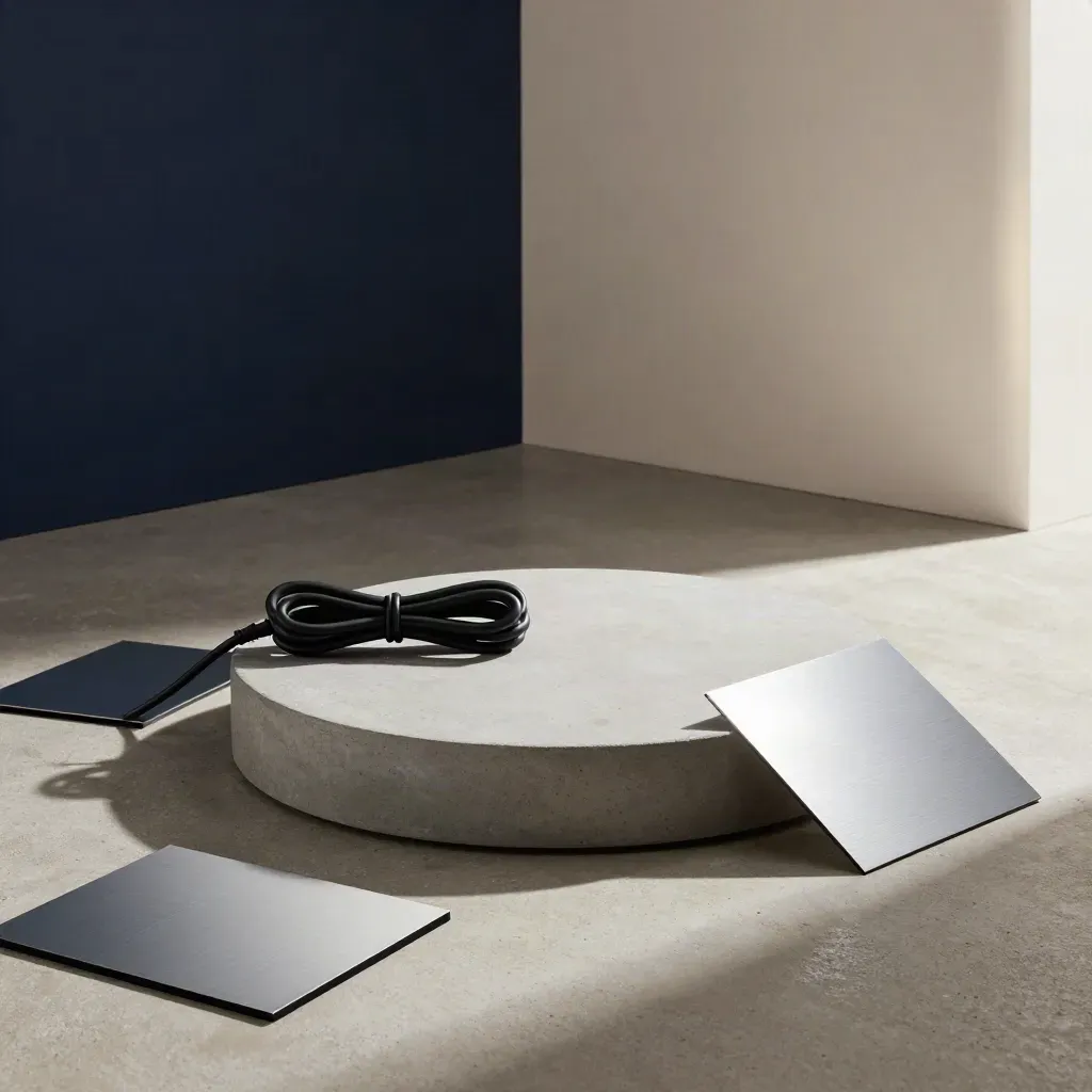 Motion design product-video set with pedestal, reflector cards, and midnight navy accent on concrete.