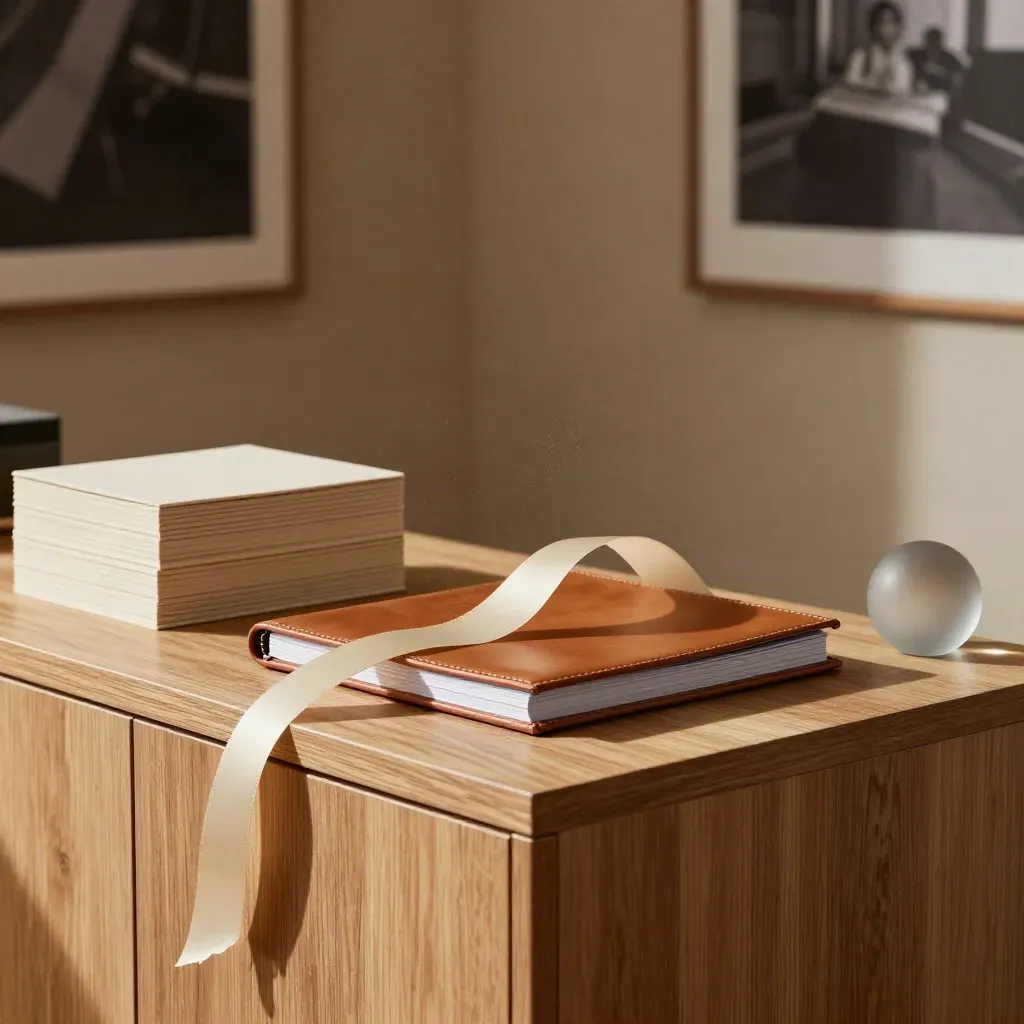 Sunlit motion-design investor deck setup with leather folio, paperweight and a frozen light ribbon.
