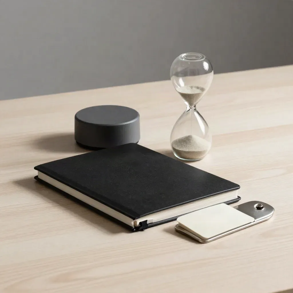 Black notebook, sand timer, speaker puck and metal clip on pale wood in soft side light.