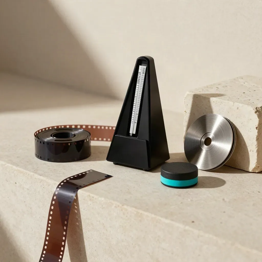 Metronome, coiled film strip, cue puck and timing discs on a stone ledge