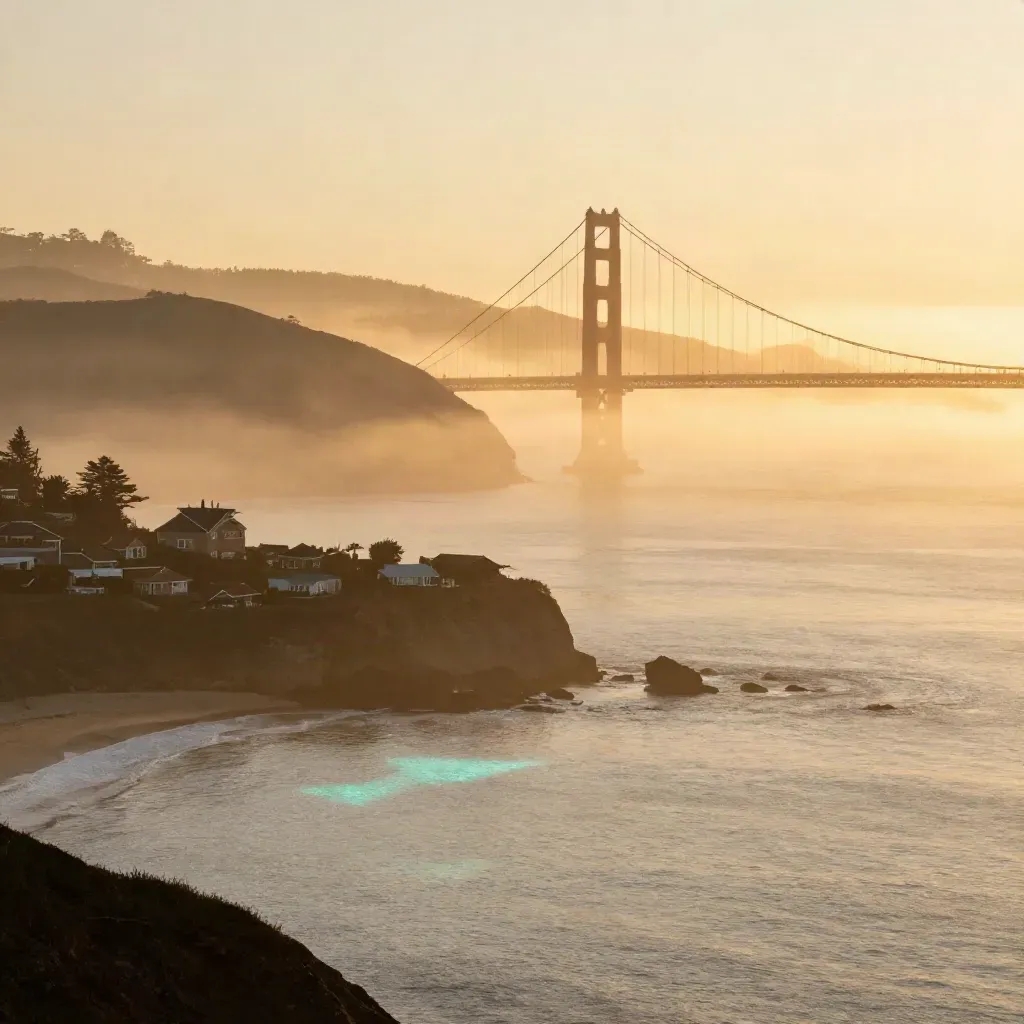 Golden fog lifts over the West Coast bridge, bay, and hillside rooftops at sunrise.