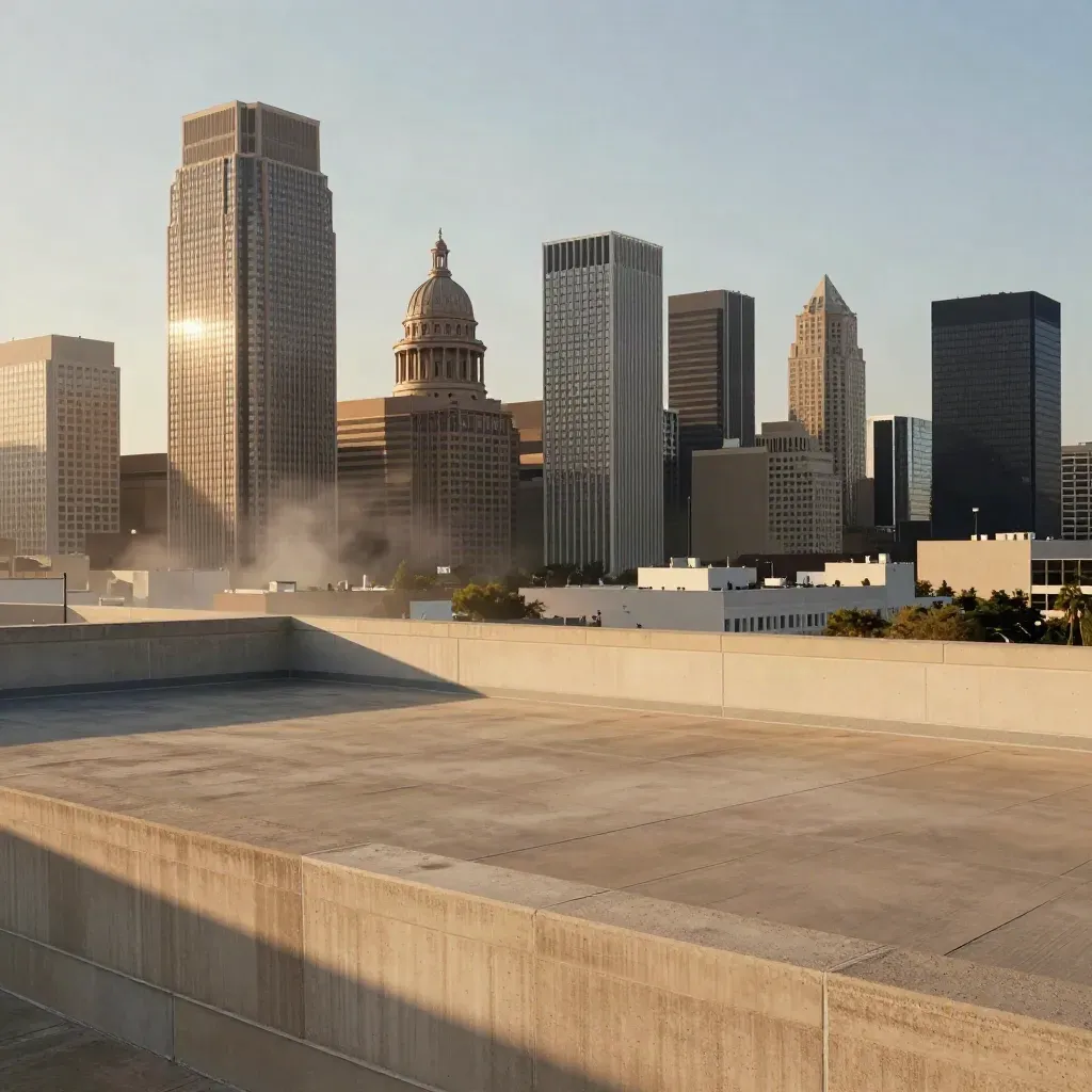 Heat-washed Texas skyline with distant dome, glass towers, and calm rooftop foreground for copy.