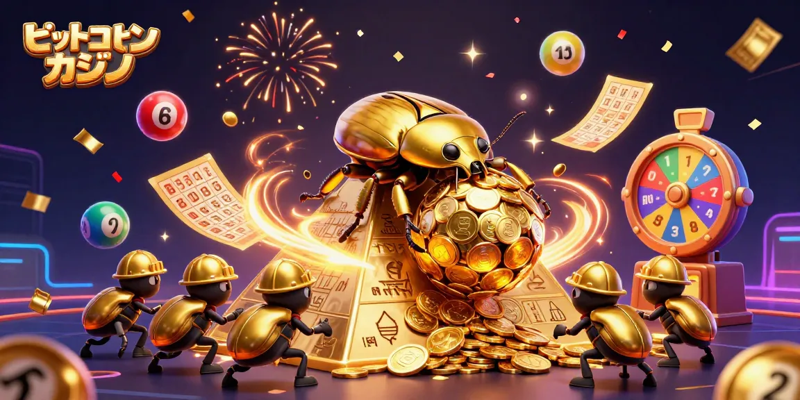 ビットコインカジノで楽しむ、金のコインの球を転がすキャラが描かれたカジノシーン