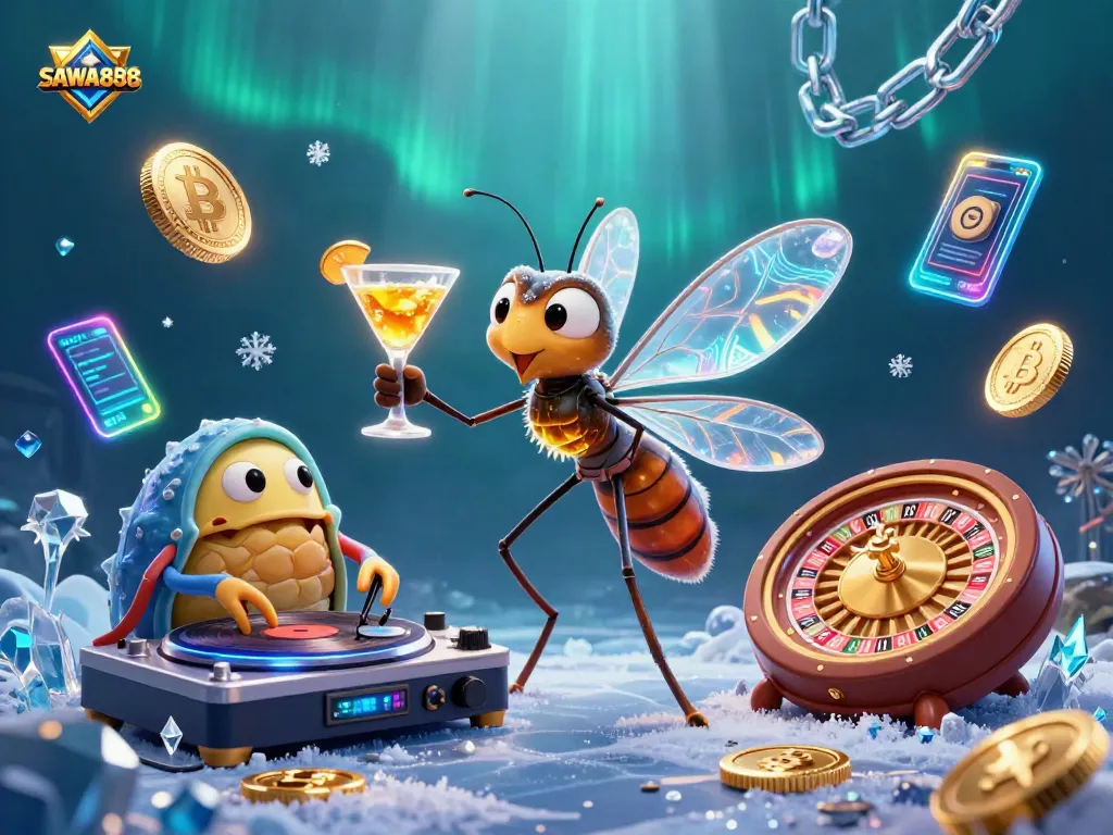 Join the excitement at SAWA888 with a vibrant casino scene featuring unique characters and dynamic elements.
