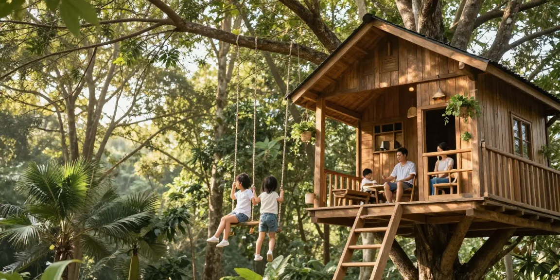 Family enjoying time in treehouses with children playing happily in a lush forest setting.
