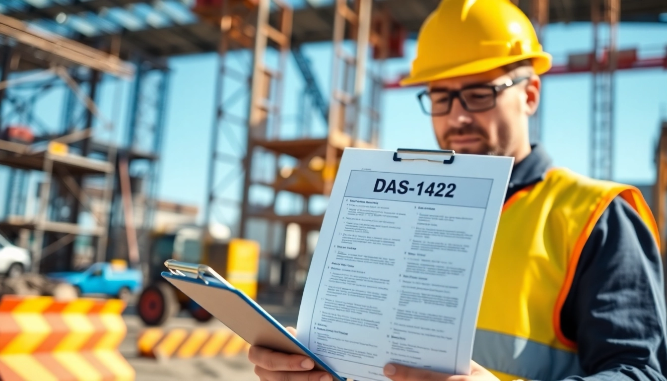 Contractor reviewing das 142 form on a busy construction site, ensuring compliance.