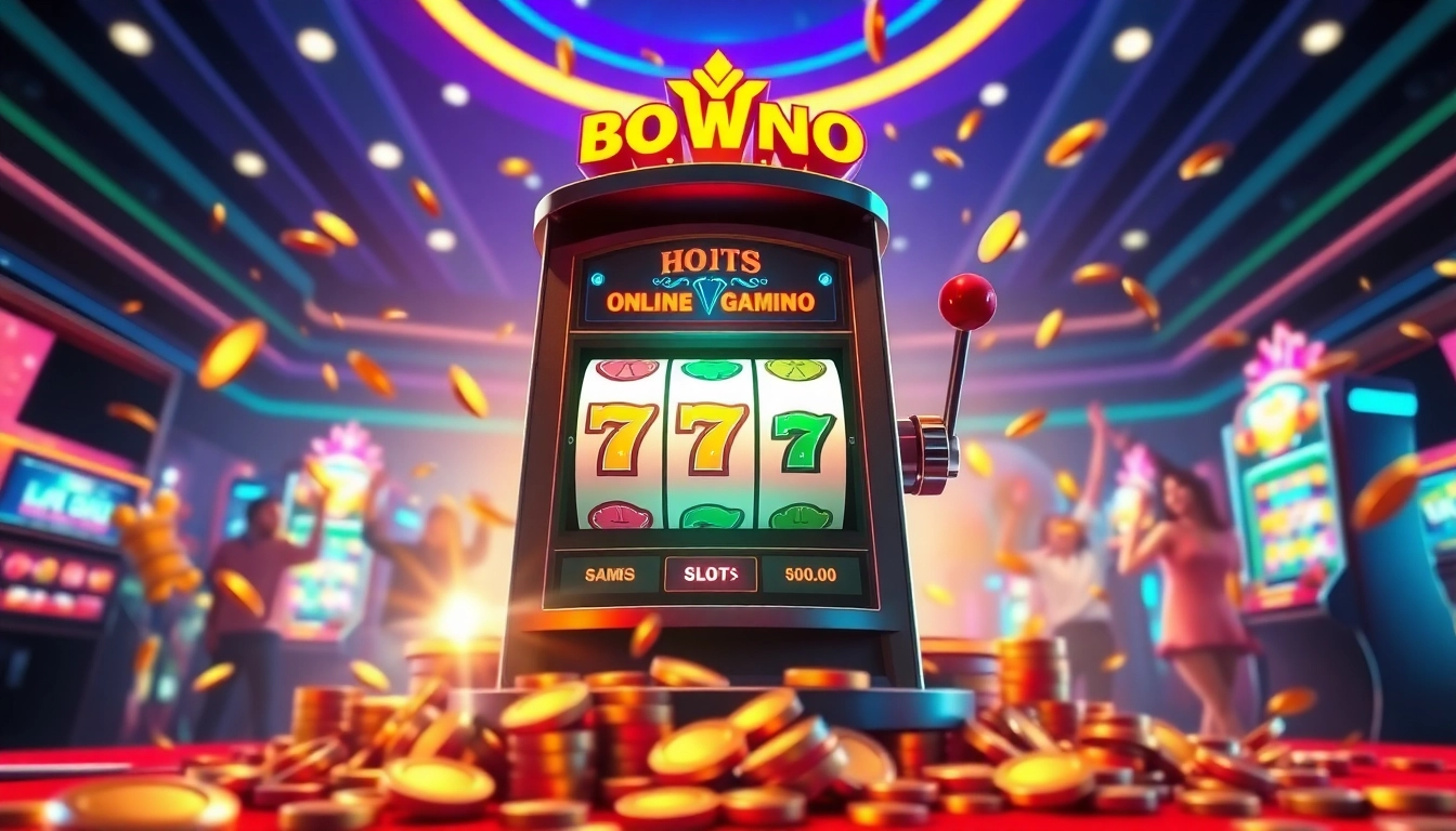 Hoki138 pro online gaming scene featuring a vibrant slot machine with celebratory players.