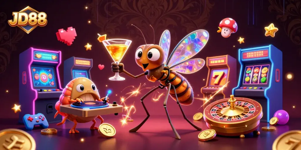 Join JD88's thrilling casino adventures with a lively 3D illustration of a mosquito mascot and a trilobite DJ.