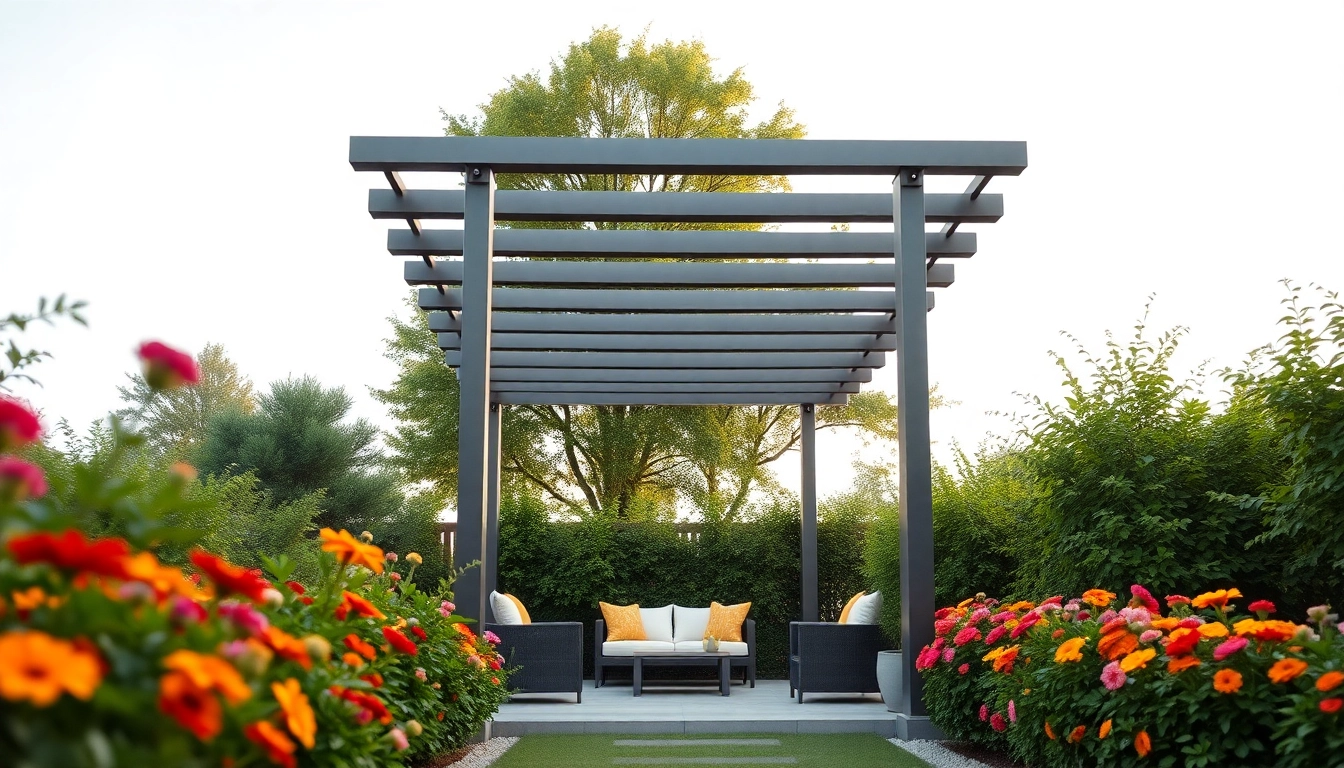 Enjoying a modern steel pergola amidst lush gardens, enhancing outdoor living space.
