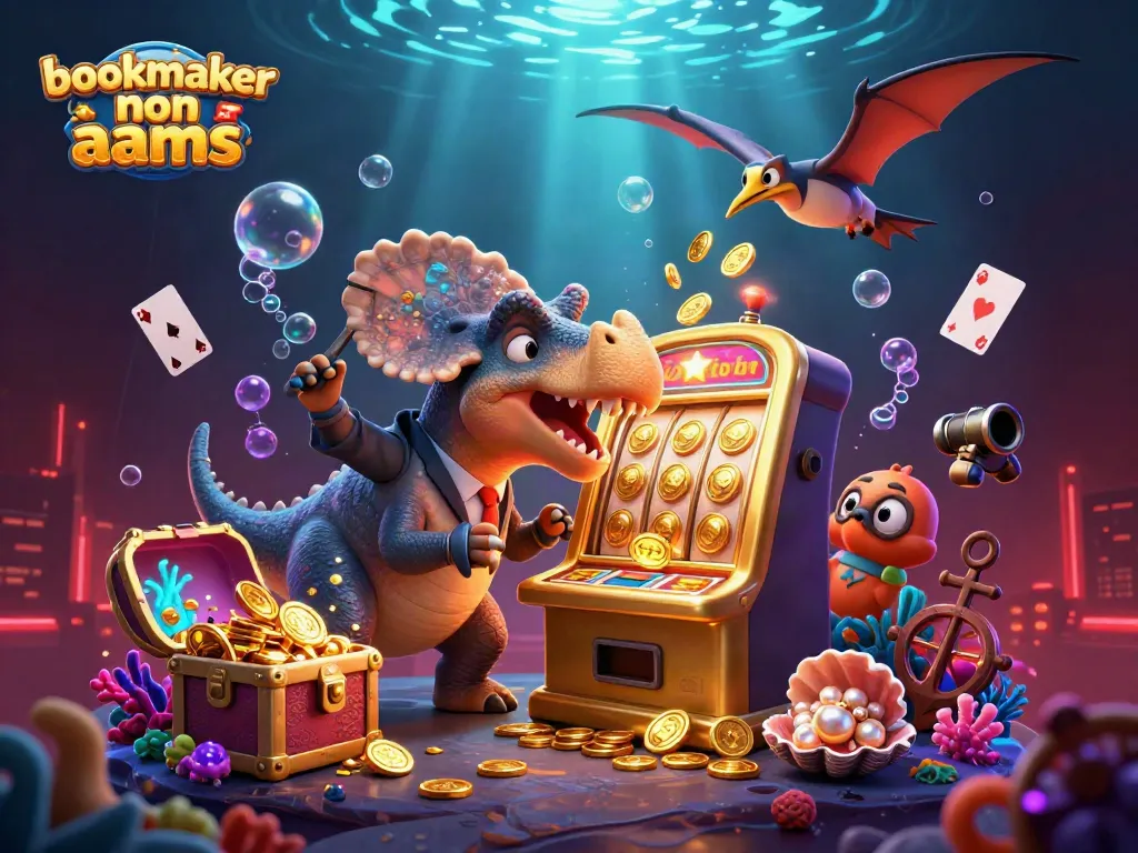 Giocando a bookmaker non aams, un pachycephalosaurus attiva una slot machine d'oro per vincere monete dorate.