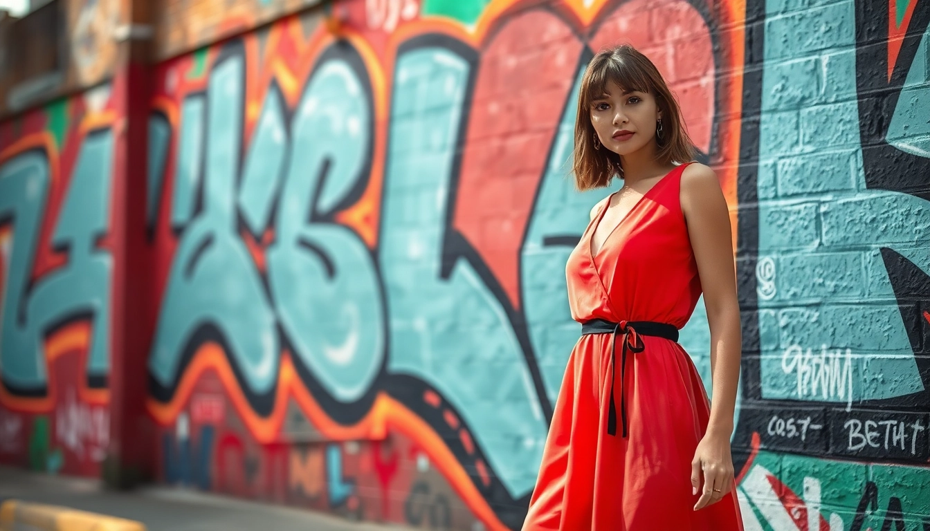 Fashion model in stylish dress poses against vibrant urban backdrop, showcasing current trends.