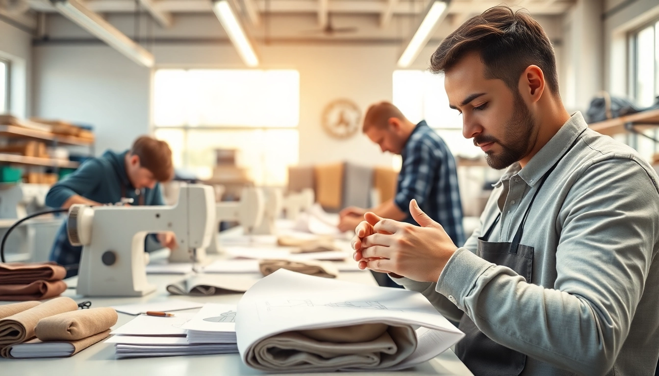Custom Apparel Manufacturer crafting high-quality garments in a vibrant workshop.