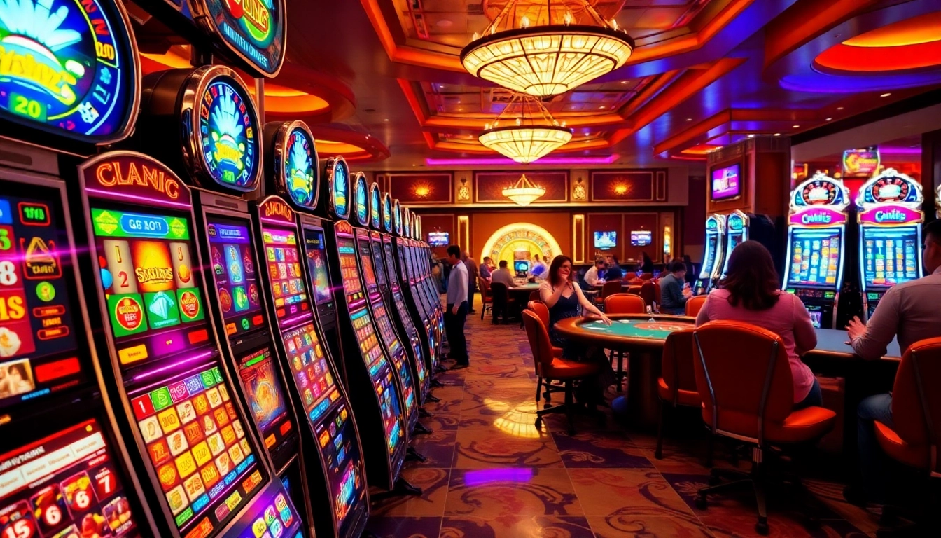 Players engaging with slot machines while making small bets in a vibrant casino setting.
