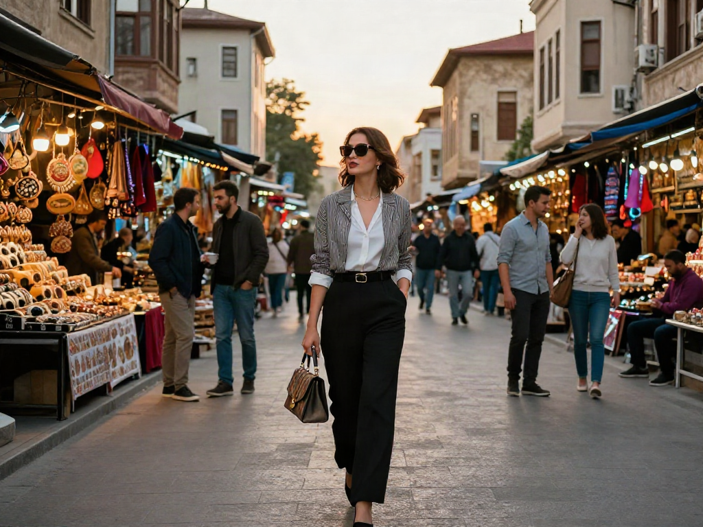 Diyarbakır escort, şık bir kadının hareketli caddede yürüdüğü, yerel pazar tezgahlarının renkli görünümleriyle zenginleştirilmiş bir şehir manzarası.