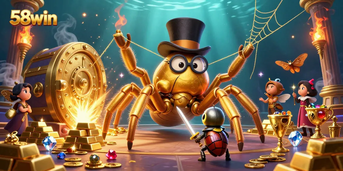 Engage with the thrilling world of 58win as the beetle knight faces a golden tarantula amid jewels.
