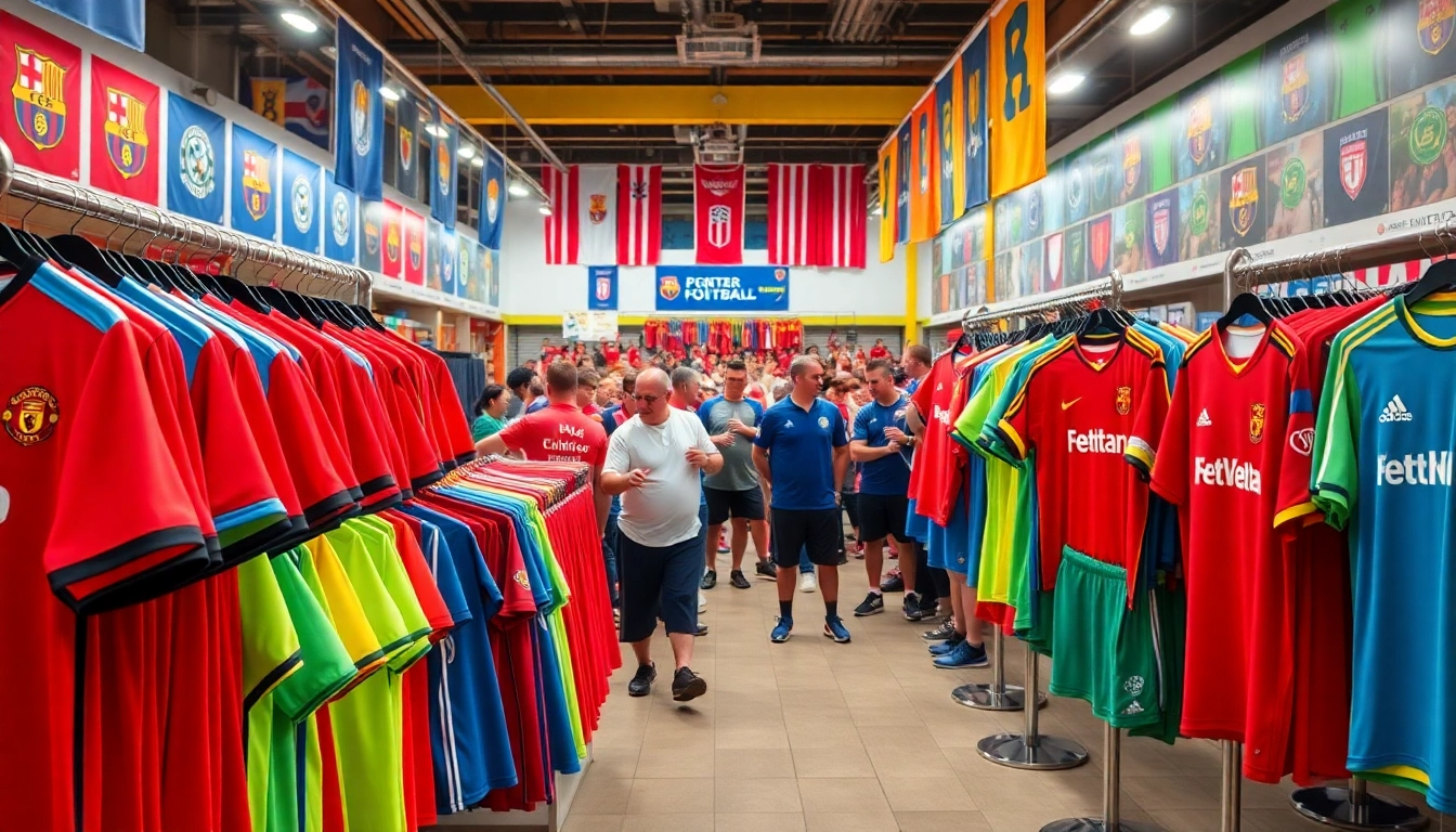 Shop colorful cheap football kits in a vibrant sports store filled with enthusiastic fans.