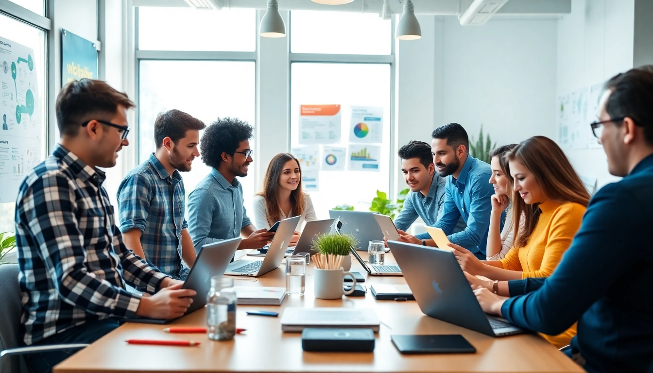 A collaborative scene of a diverse team working on wordpress services in a modern digital workspace.