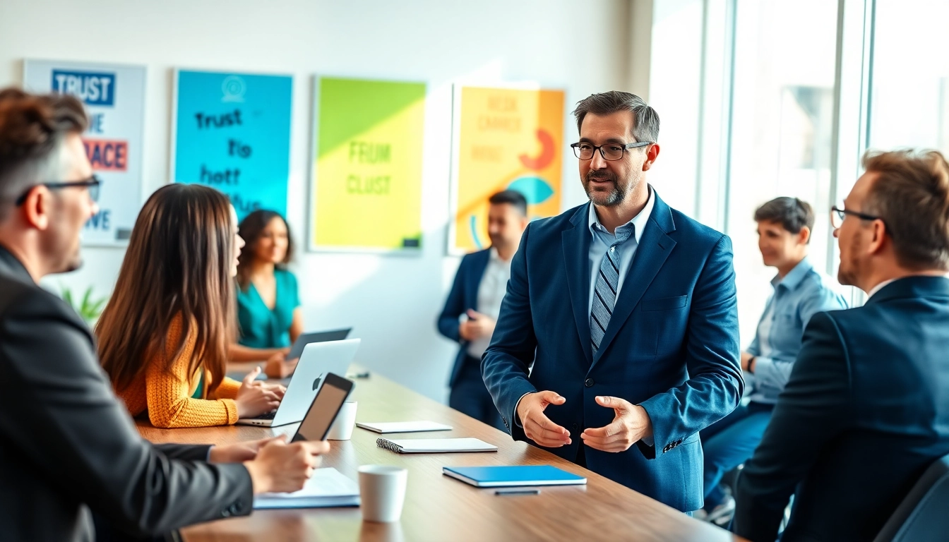 Business coach Los Angeles guiding a diverse team in a vibrant office environment.