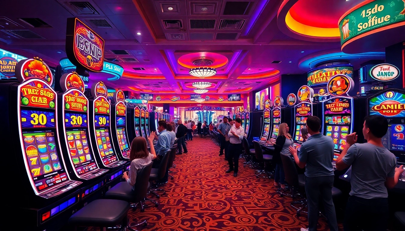 Aksi permainan menarik Slot Depo 5000 di kasino cerah dan ramai dengan mesin slot berwarna.