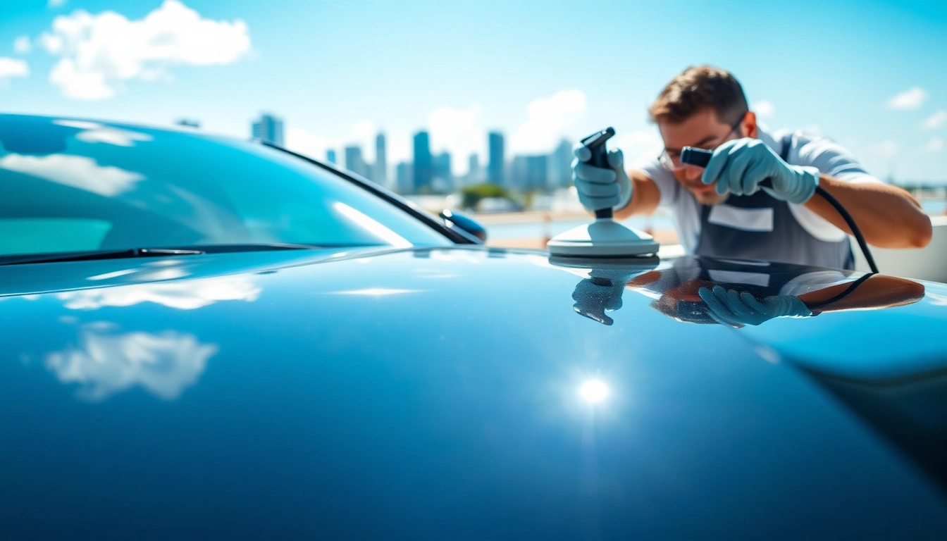 Expert car detailing Miami-Dade County ensuring a pristine vehicle shine in a sunny urban setting.