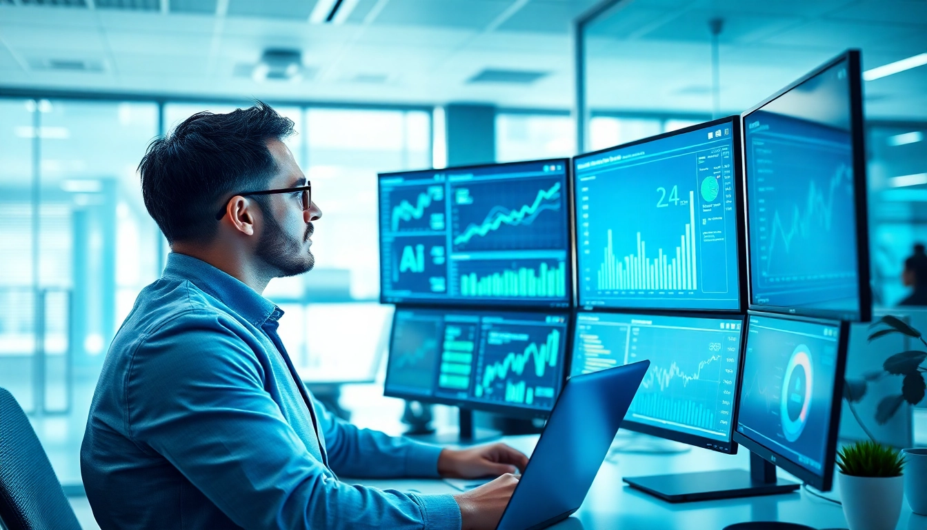 Data analyst leveraging AI for competitive intelligence in a modern office.