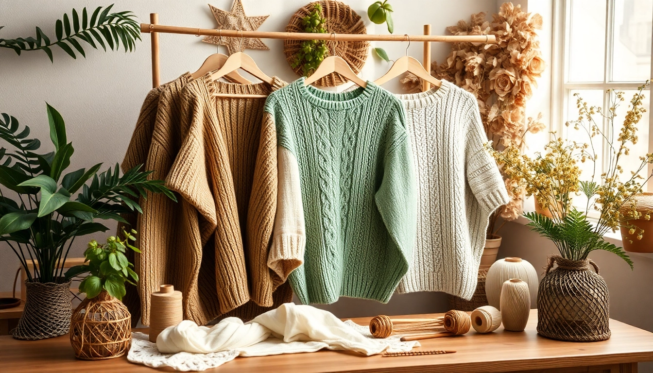 Showcase unique hand-knitted clothing from https://www.ound-ound.com with vibrant colors and natural textures.