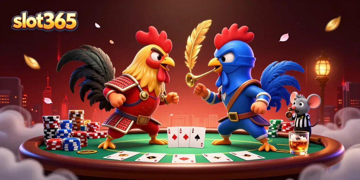 Engage in thrilling action at slot365 with vibrant gaming elements and dynamic rooster characters.