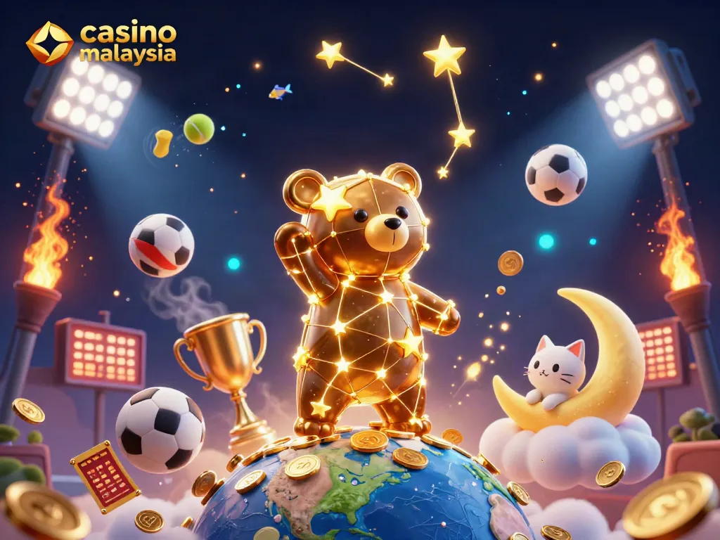 Engage with the casino online malaysia world in this vibrant 3D illustration featuring a constellation bear and sports elements.