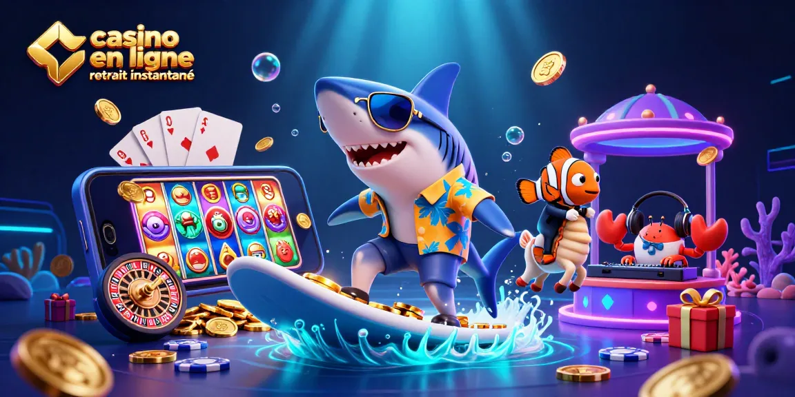 Profitez de l'expérience immersive d'un casino en ligne retrait instantané avec un requin et un poisson clown dans une scène dynamique.