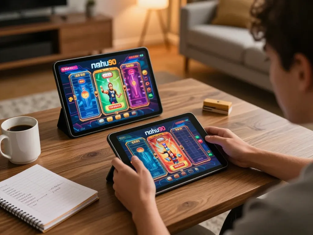 Person engaging in nohu90 online gaming with vibrant interface and betting strategy in a cozy setting