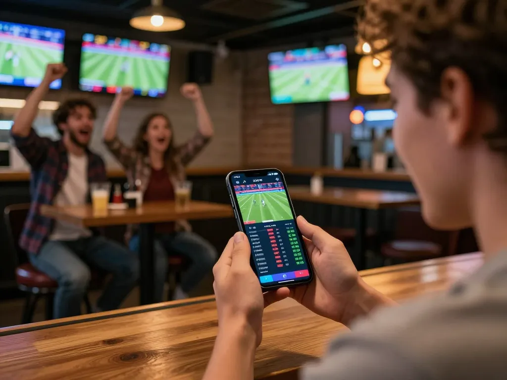 Placing bets on kèo nhà cái 5 using a mobile app in a vibrant sports bar atmosphere