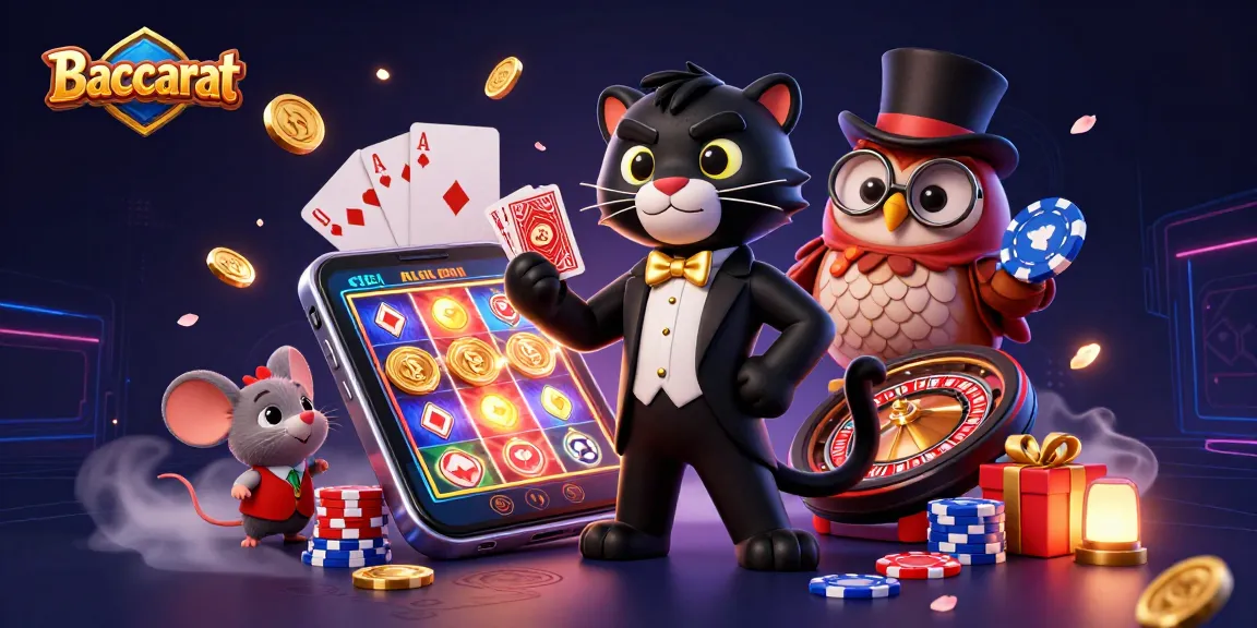 Baccarat scene featuring a tuxedo-clad panther dealing cards surrounded by an owl and mouse with casino elements.