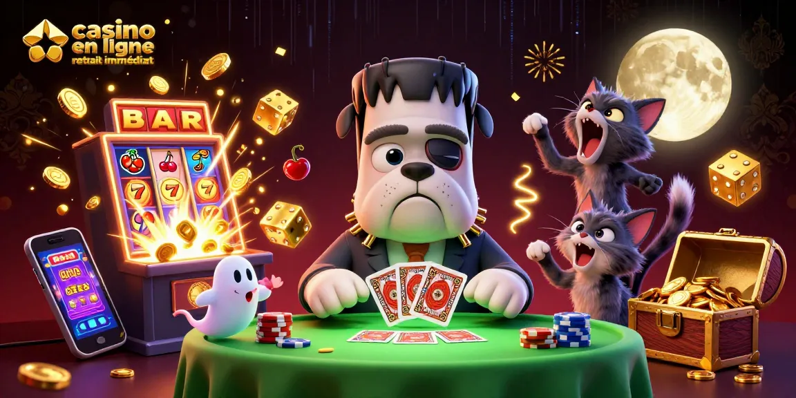 Détenant des gains au casino en ligne retrait immédiat, un bulldog Frankenstein fait face à un chaton loup hurlant à une lune en or.