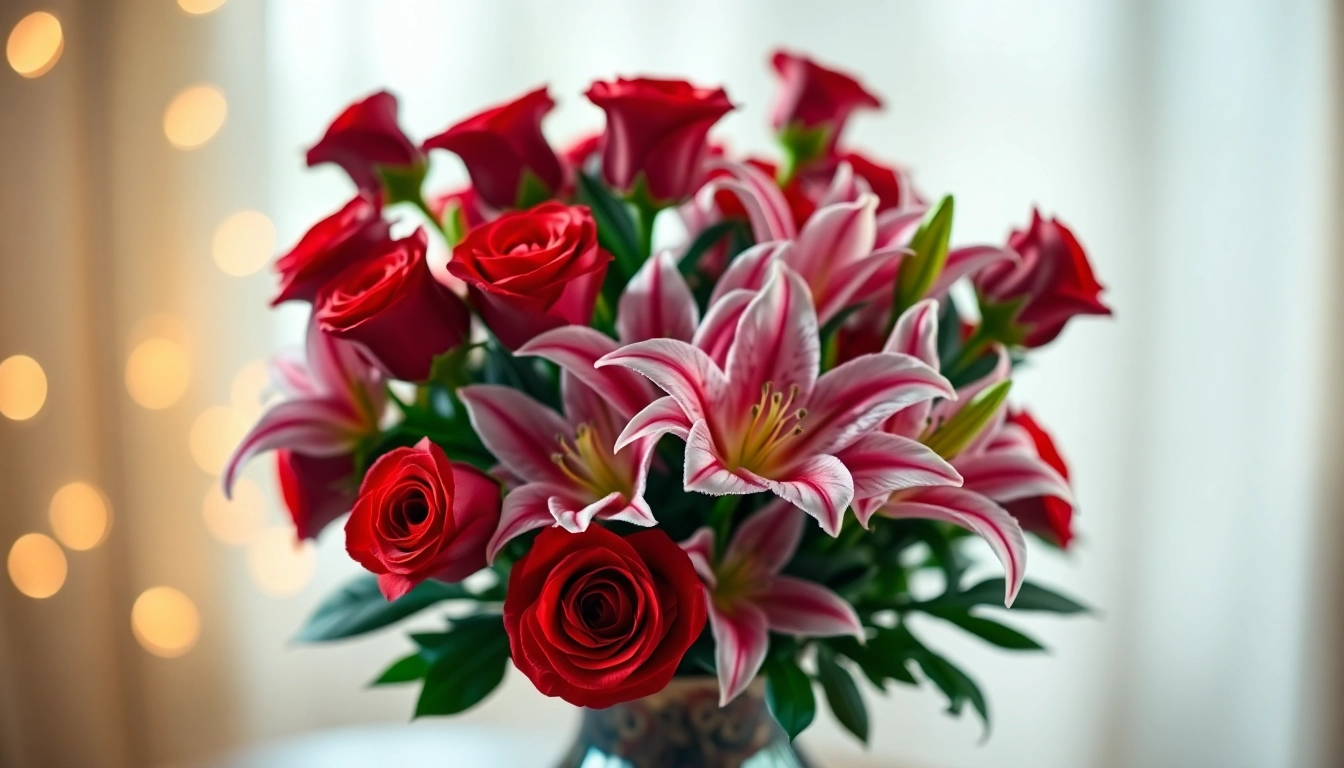 Arrange stunning valentines flowers, featuring red roses and pink lilies, in a decorative vase.