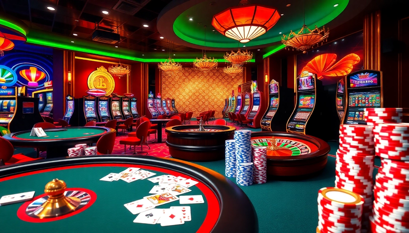 Experience the thrilling atmosphere of KJC AC 2 with vibrant casino tables, poker cards, and exciting gaming action!