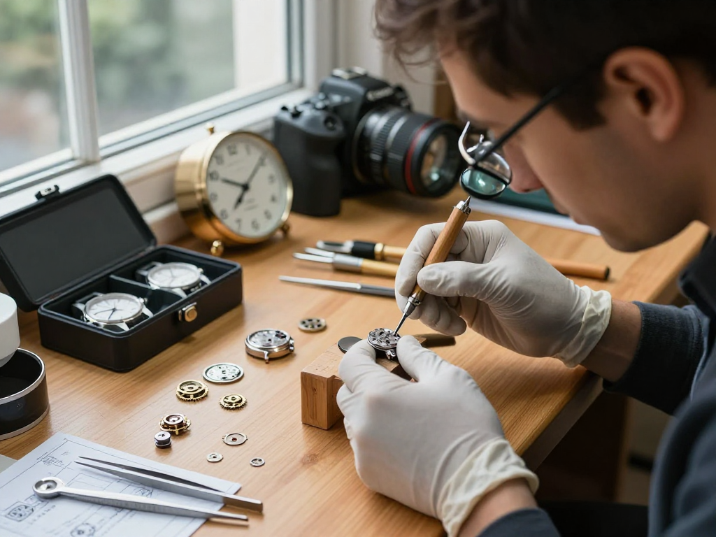 Technician assembling Omega 8500 movement parts in a bright watch repair workshop.