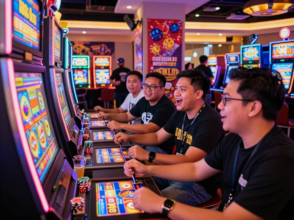 Exciting gaming moment at a vibrant casino around the rokok88 slot machine with friends