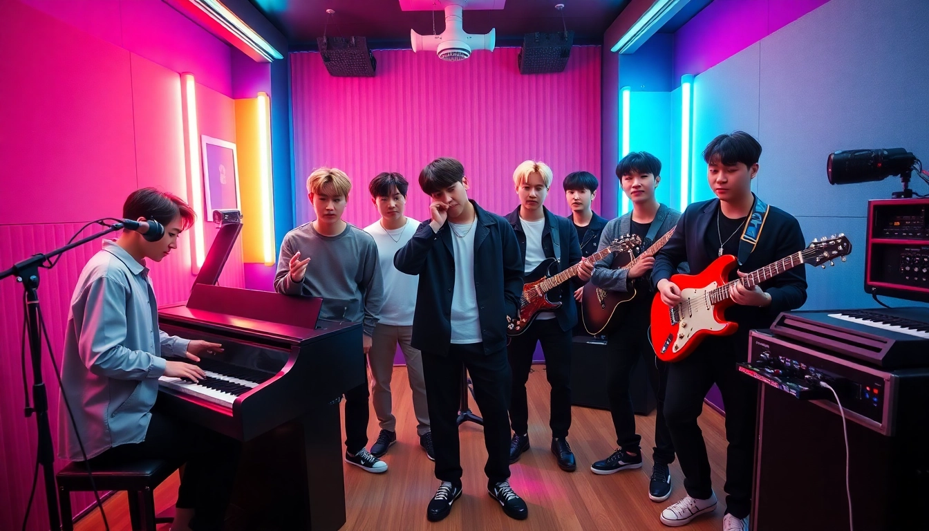 Engaging moment with bts members showcasing their unique styles and personalities in a music studio.