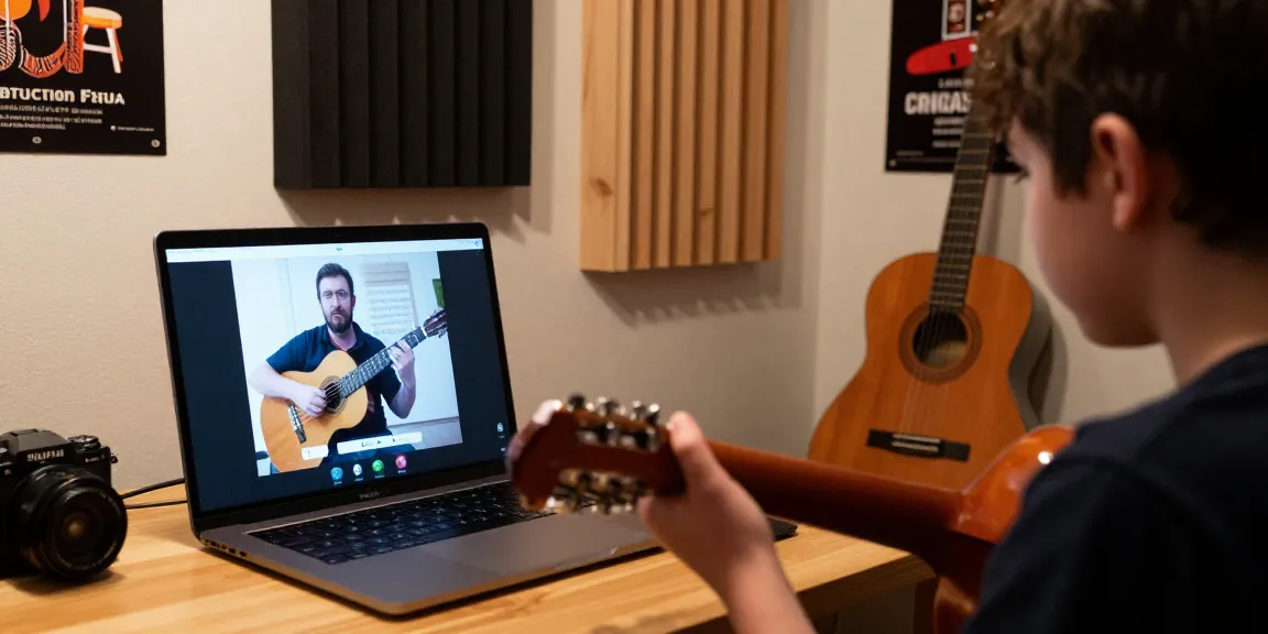 Engaged student participating in Zoom guitar lessons with classical music notes.