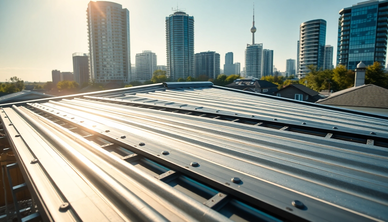Installing high-quality metal roofing toronto showcasing craftsmanship and urban landscape