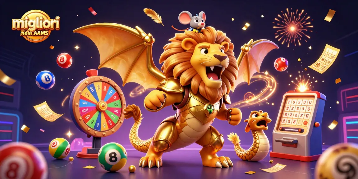 Immagine di migliori casino non AAMS con una chimera dorata e un topo jockey, circondata da elementi da gioco e festoni di confetti.